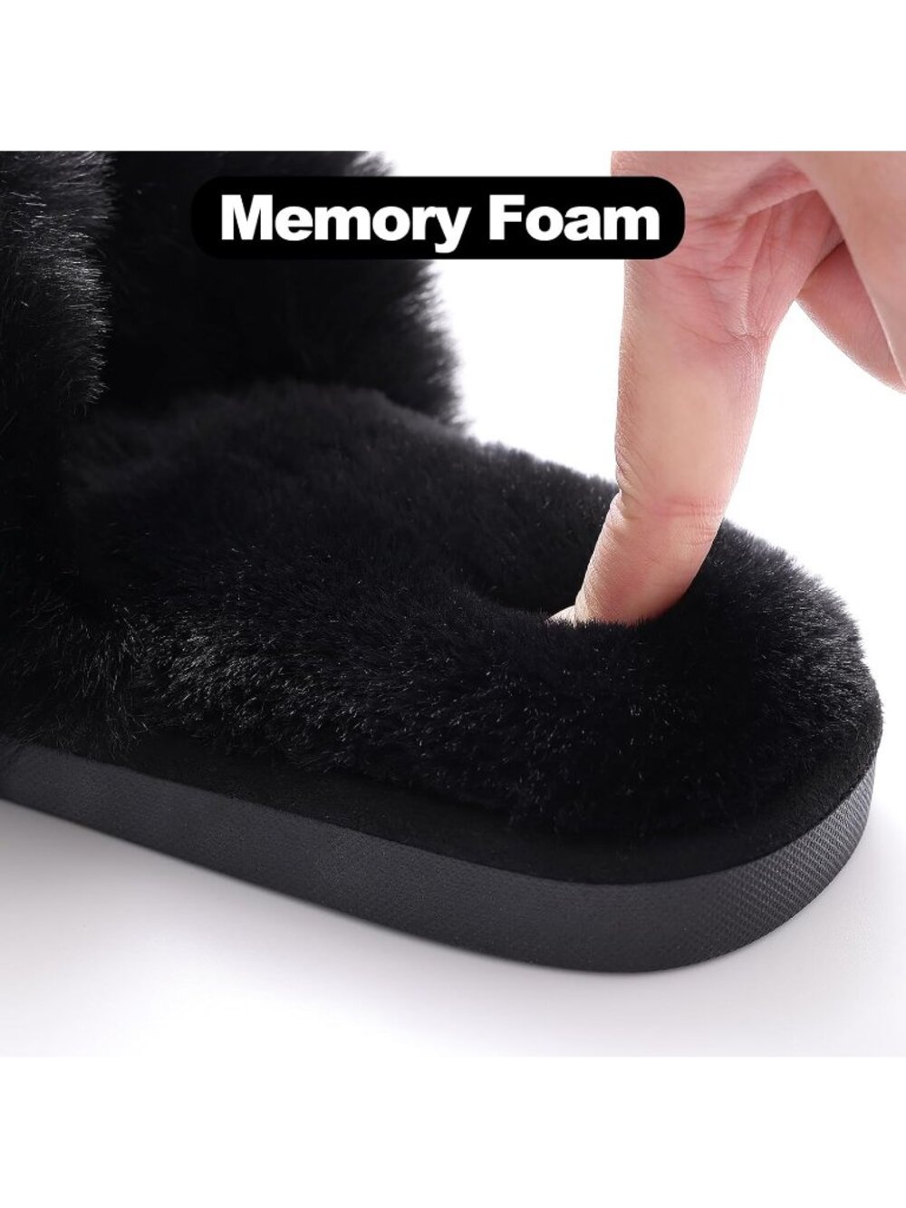 Women's Black Fuzzy Cross Band Memory Foam House Open Toe Soft Slipper Shoes - Picture 6 of 6